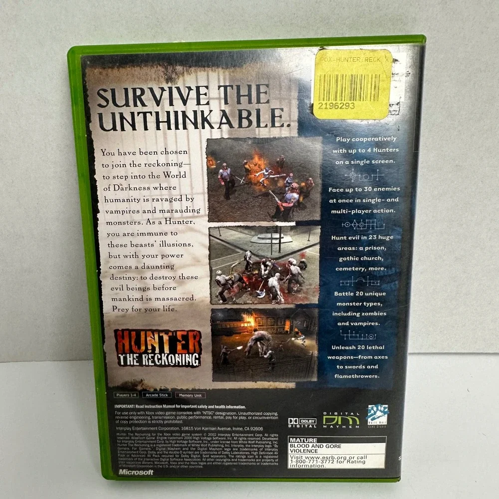 Hunter‎ The Reckoning Microsoft Xbox Original 2002 Action Game CIB